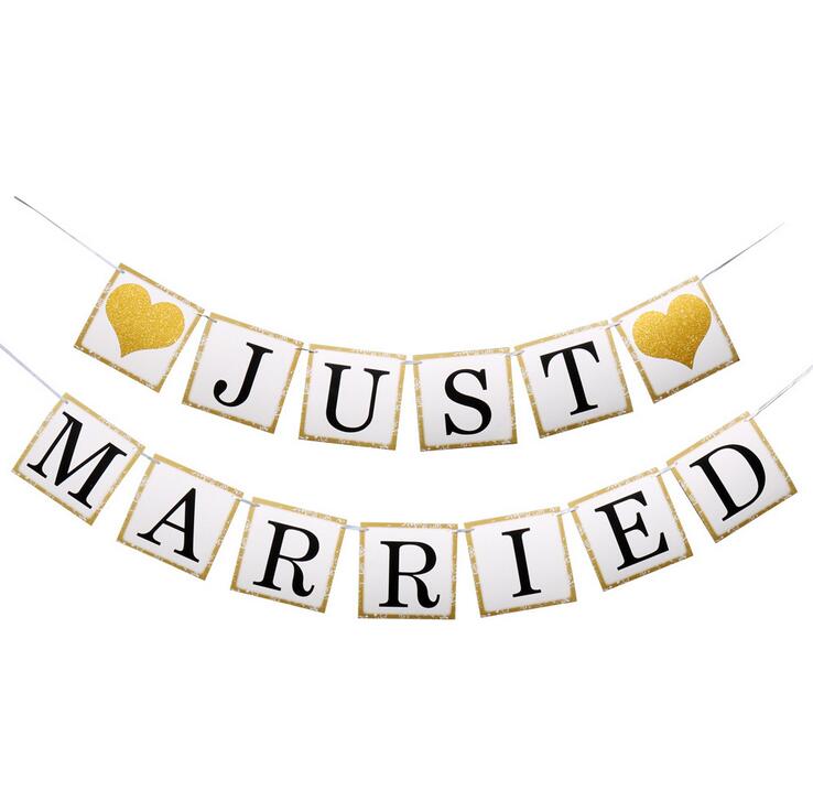 Just Married Wedding Bunting Banner Photo Booth Props Garland Romantic Wedding Decoration Glod Heart Paper Letter Photo Props